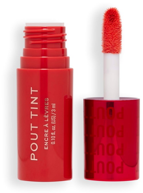 En röd läppglansetub med matchande applikatorsvamp, märkt "Polish Tint" och "Encageate."