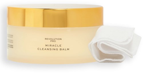 Słoik Miracle Cleansing Balm z białą ściereczką obok, w prostym i eleganckim designie.