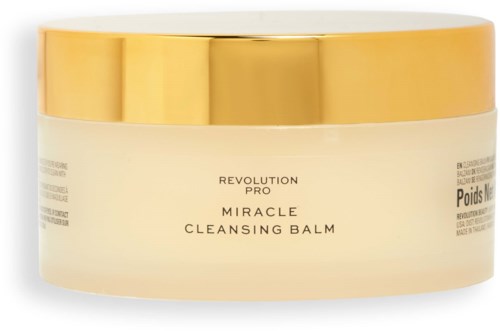 Słoik Revolution Pro Miracle Cleansing Balm z złotą pokrywką i kremowym opakowaniem.