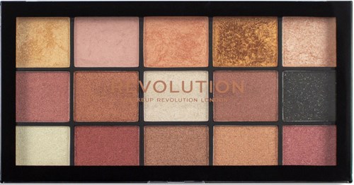 Een make-up palette met 15 verschillende tinten roze, bruin, goud, zwart en groen oogschaduw in een zwart doosje.