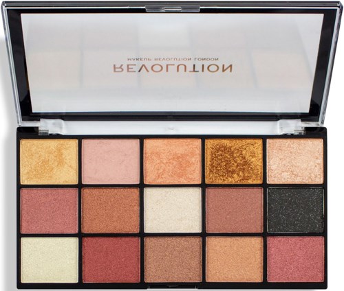 Een make-uppalette met vijftien verschillende oogschaduwkleuren in een zwarte behuizing met spiegel.