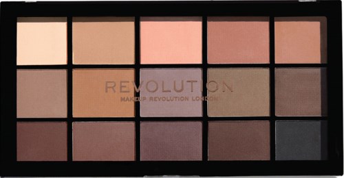 A makeup palette with 15 different shades of powder, ranging from light to dark, inside a black case.