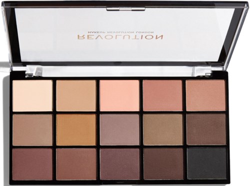 A makeup palette with fifteen shades of eyeshadow, arranged in three rows of five colors, with light to dark tones.