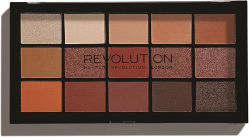 Eyeshadow palette with 15 shades in neutral, orange, and pink tones. Black case, brand name on cover.