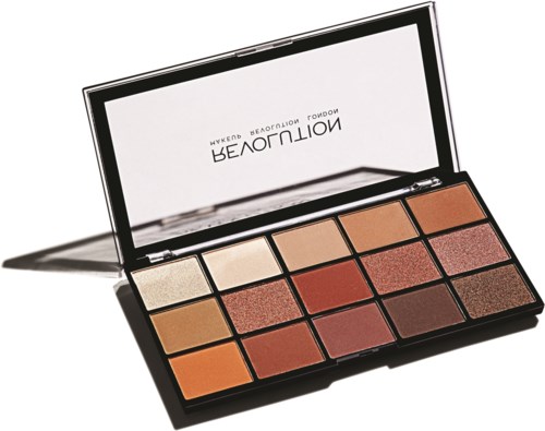 A makeup palette with 12 shades of eyeshadow in a rectangular black case with a mirror inside.