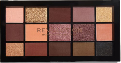 Eyeshadow palette with 15 shades, including shimmery, matte, and glitter colors in warm and neutral tones.