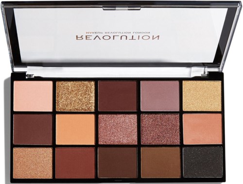 A makeup palette with 15 different eyeshadow shades, including shimmery, matte, and glitter finishes.
