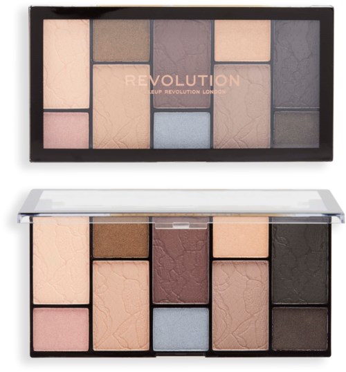 A makeup palette with multiple shades, including pink, brown, gray, and black, in small rectangular pans.