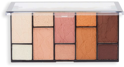 A makeup palette with various shades of blush, highlighter, and bronzer organized in a rectangular case.