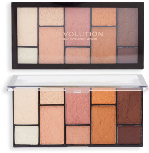 Makeup palette with various shades of pink, beige, orange, and brown, some with a cracked texture.