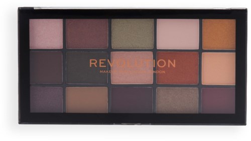 En makeup-palett med 15 olika ögonskuggor i ett svart hölje. Färgerna varierar från rosa till brunt till grått.