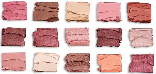 A collection of various crushed pink, brown, and beige eyeshadow shades in a grid. Examples include pink, nude, and burgundy.