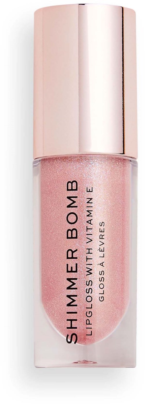 Lippengloss met roze glans en glanzende goudkleurige dop, gelabeld als Summer Bomb met vitamine E.