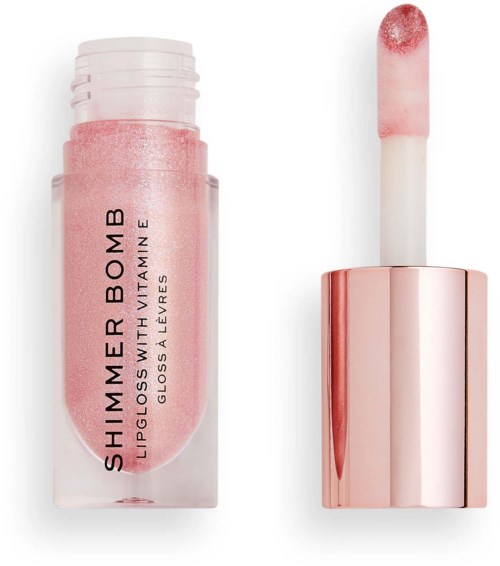 Lipgloss tube met roze, glanzende lipgloss en applicatorspons.