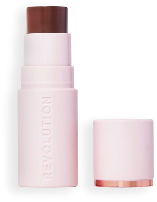 A pink cylindrical container with a brown top, and the word "REVOLUTION" on it, looks like a makeup stick.