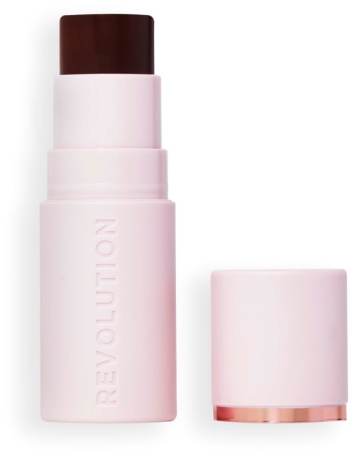 Een lichtroze ronde container met het woord 'REVOLUTION' erop en een donkerbruine stick erin, waarschijnlijk een make-upproduct.