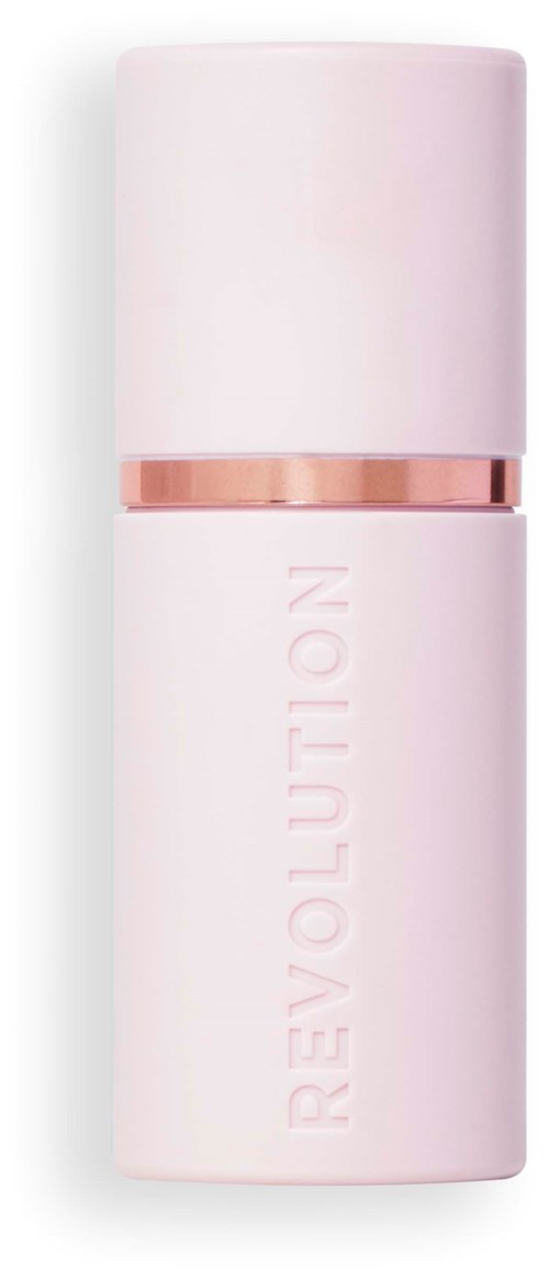 A pink cylindrical container with a white cap, features the word 'REVOLUTION' written vertically on it.