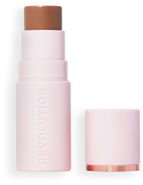 A pink tube with a beige top shows, with the cap beside it. The tube has the word "REVOLUTION" on it.