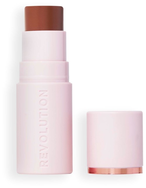 A multi-layered stick with a brown top, pink middle, and a white base with light pink text. The cap is pink with a copper-colored band.