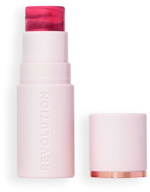 A white cylindrical lipstick with a pink and red marbled top, and the brand name 'REVOLUTION' on the side.