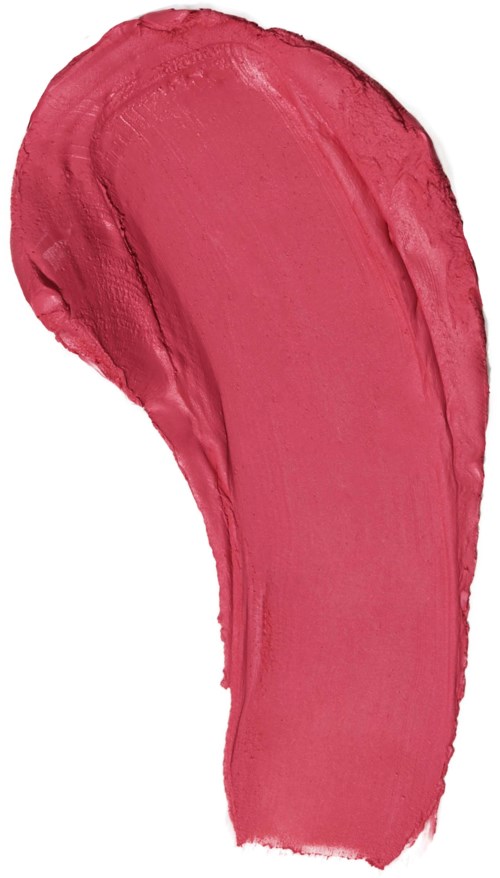 A broad, curved brush stroke of pinkish-red paint on a white background.