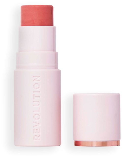 A lip balm stick with a white and pink packaging, and the cap is removed showing the tinted balm.