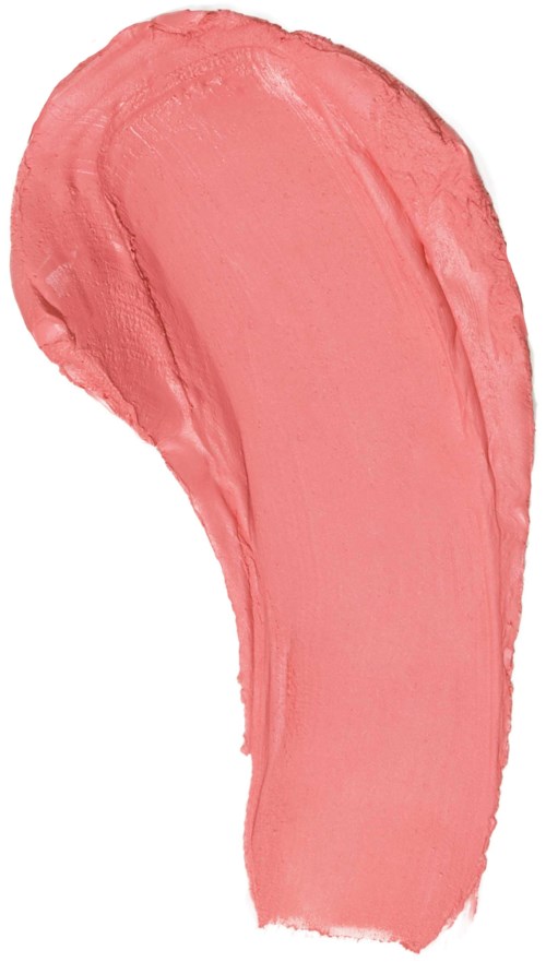 A pink smear of makeup or paint with a smooth, curved shape on a white background.