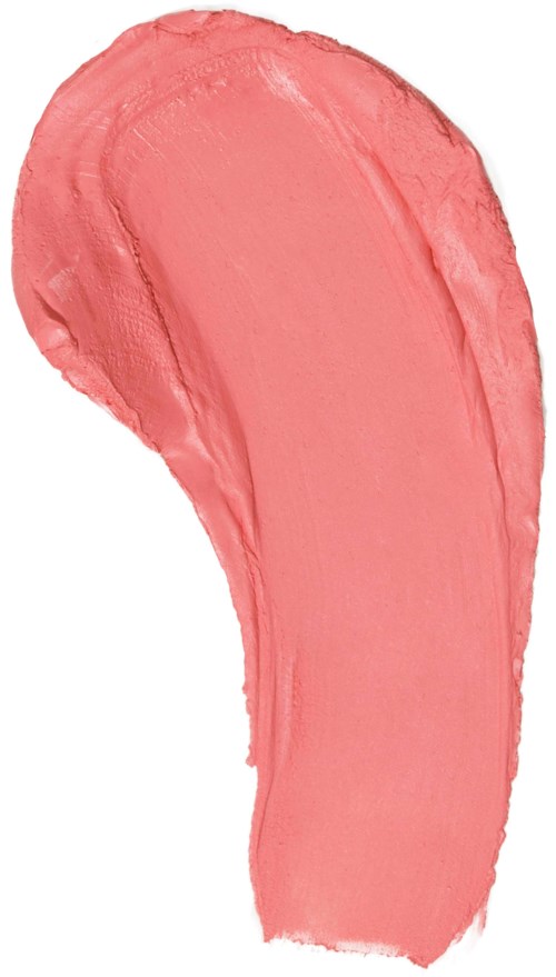 A large, pink, curved stroke of paint or lipstick on a white background.