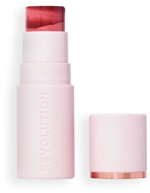 A pink lipstick with a cap next to it, showing the lipstick inside. The brand name "REVOLUTION" is on the casing.