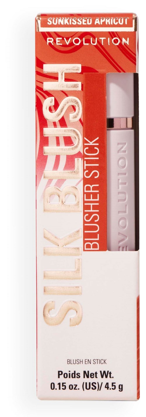 Een rood-wit doosje met Revolution Sunkissu Apricot Blusher Stick met een zichtbaar product binnenin.
