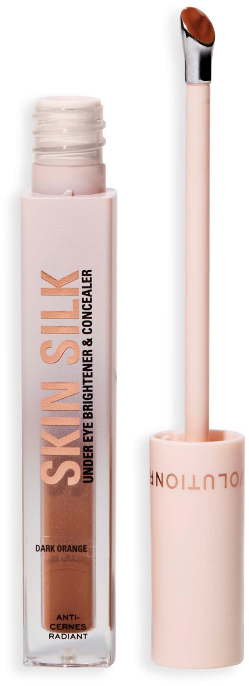 Een lipglossfles met 'Skin Silky' erop, met een applicatorborstel die een donkeroranje product laat zien.