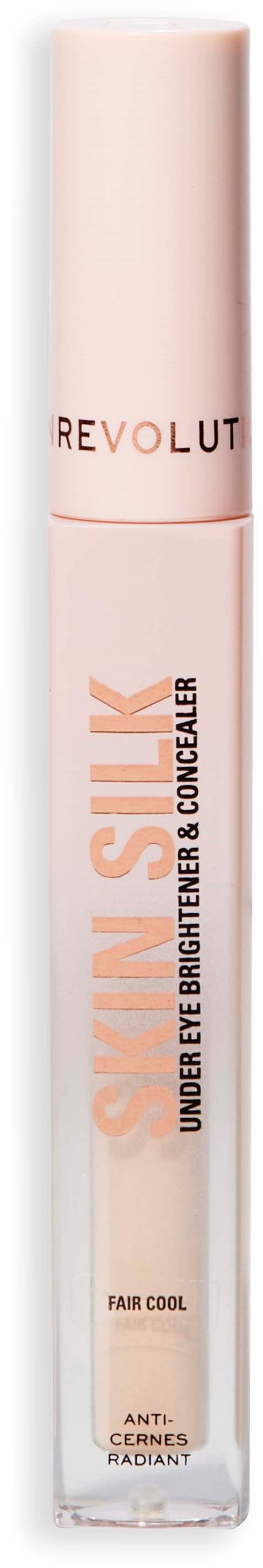 A tall, pink bottle with the brand name Revolut and product name Skin Silk for under eye brightening.