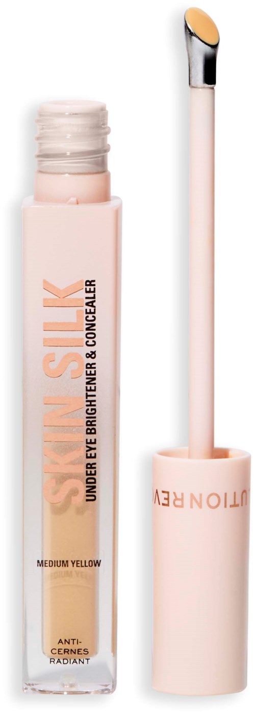 A tube of under-eye brightener and concealer with a yellow shade, and a matching applicator with a rounded tip.