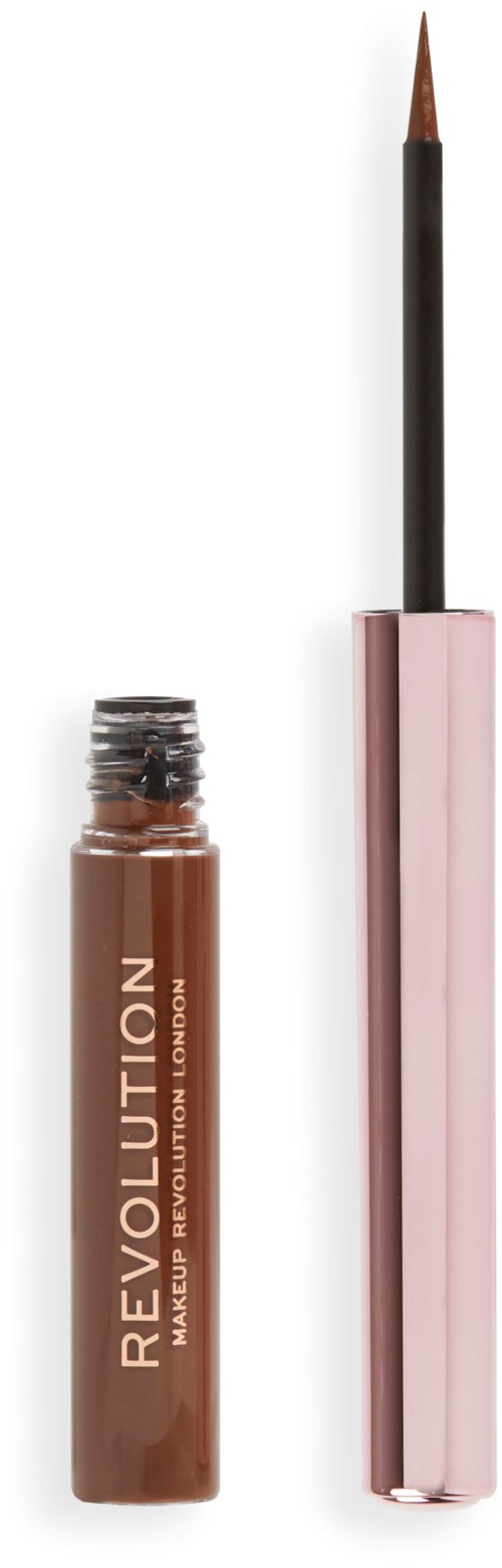En brun flytende leppestift og en rosa mascara med børste vises.