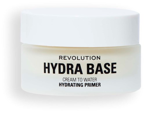 Een witte pot met de tekst 'Hydra Base' in zwarte letters, een hydraterende primer van Revolution.