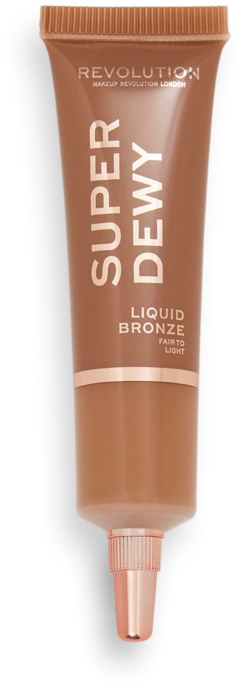 En tub med Revolution Super Dewy flytande bronzer med ljusbrun färg och skruvkork.