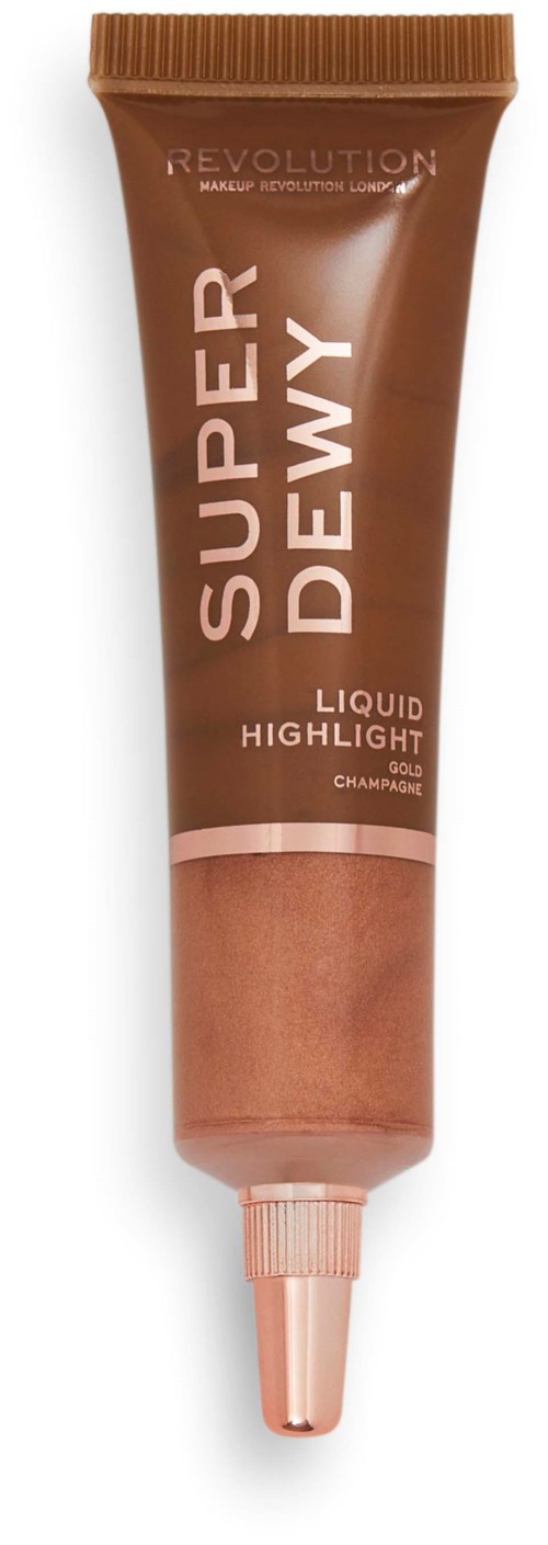 Een bruine tube van Revolution Super Dewy Liquid Highlight met een roze applicatorpunt.