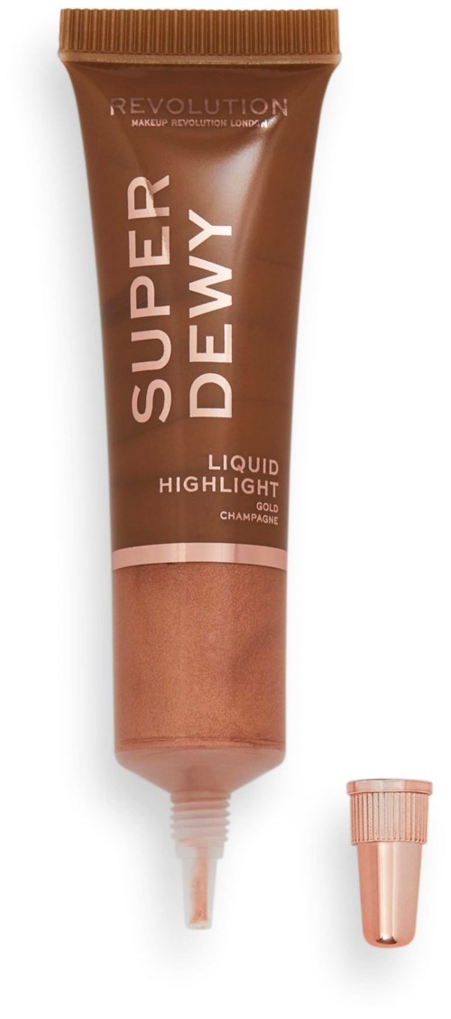 Een bruine tube met vloeibare highlighter, gemerkt 'Super Dewy' door Revolution.