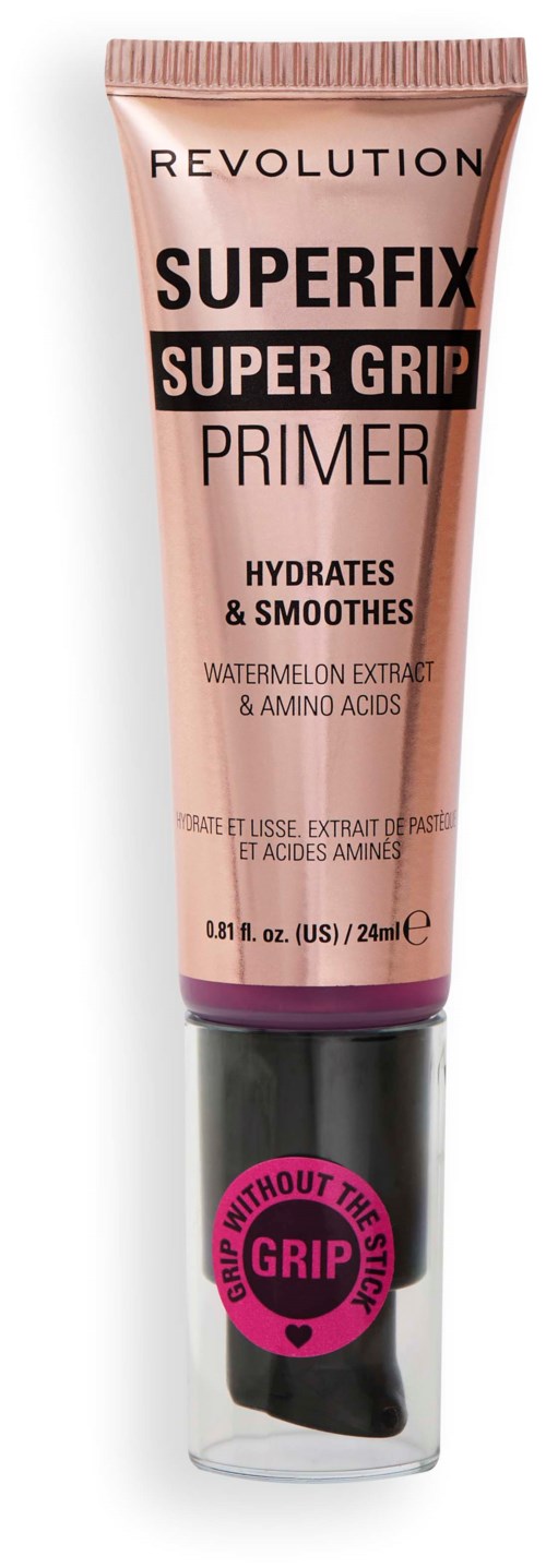 A pink and black tube of Revolution Superfix Super Grip Primer, which hydrates and smooths skin.