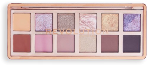 A colorful eyeshadow palette with 12 shades, including pinks, purples, browns, and glitters, in a rectangular case.