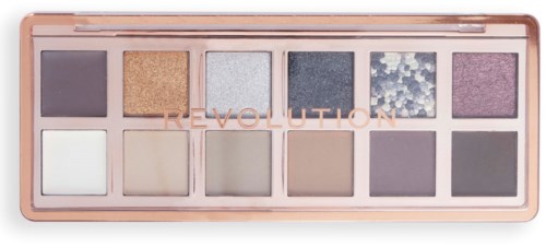 A palette with twelve eyeshadow colors, including purple, gold, silver, black, and neutral shades, with the word 'REVOLUTION' on top.