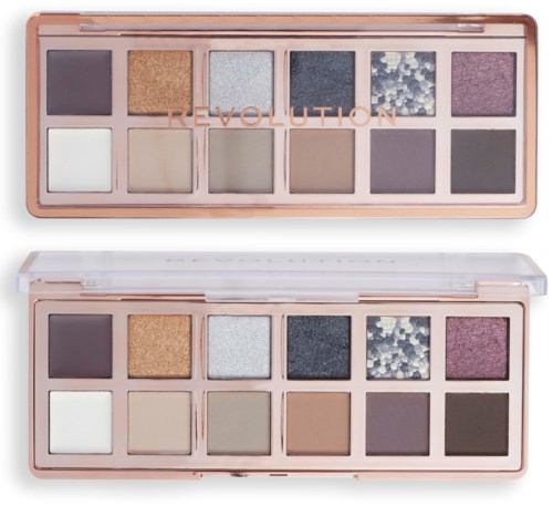 An eyeshadow palette with ten different shades, including purple, gold, silver, and neutral colors.