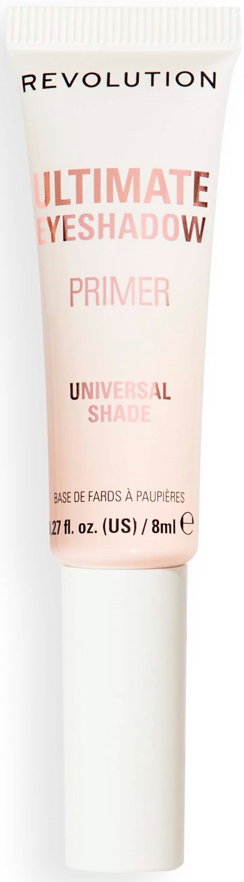 Een tube oogschaduwprimer met witte en roze verpakking, gemerkt 'Revolution Ultimate Eyeshadow Primer' en 'Universal Shade.'