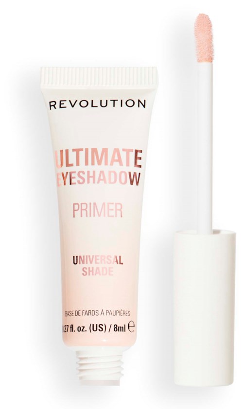 Tube Revolution oogschaduw primer met applicator. Wit en roze verpakking, gemarkeerd "Ultimate Eyeshadow Primer."