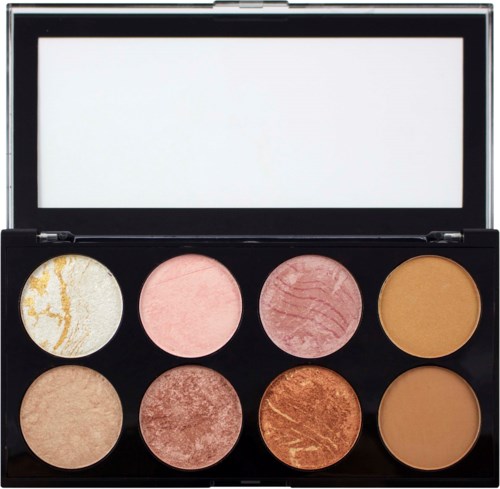 Een make-up palet met acht ronde tinten, inclusief roze, bruin en goud. Heeft een spiegel bovenop.