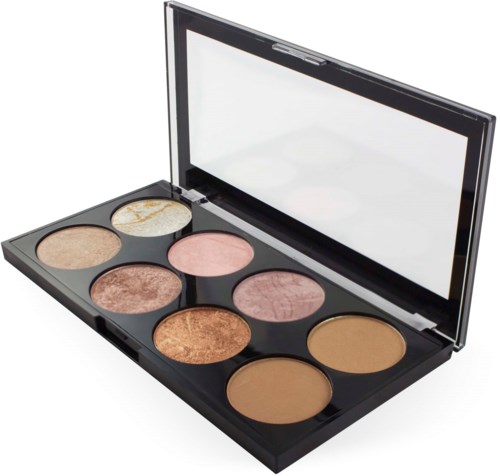 Een make-up palette met acht verschillende poederkleuren in een zwart kistje met spiegel in de deksel.