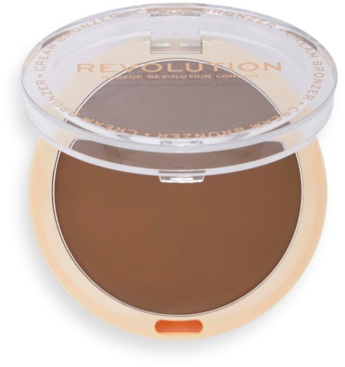 Een compact met bronzer erin en een doorzichtig plaatje, waarop het woord 'REVOLUTION' in oranje staat.