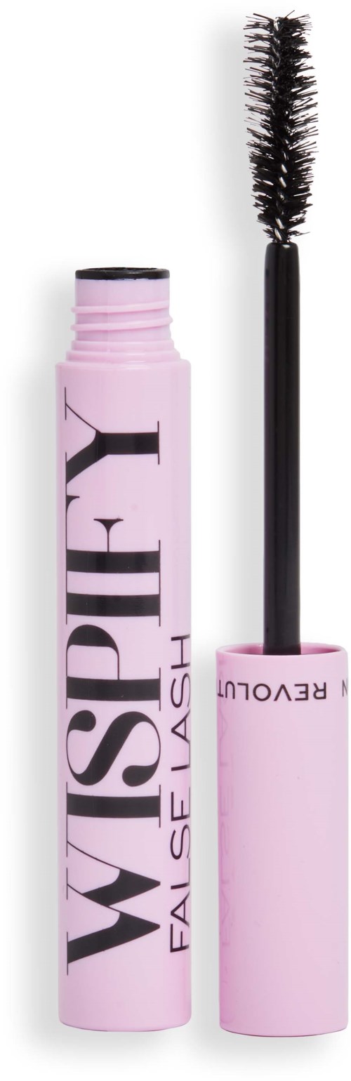 A pink tube mascara with a black wand and brush attached. The words "WISHY FAKE & FLASH" are printed on the tube.