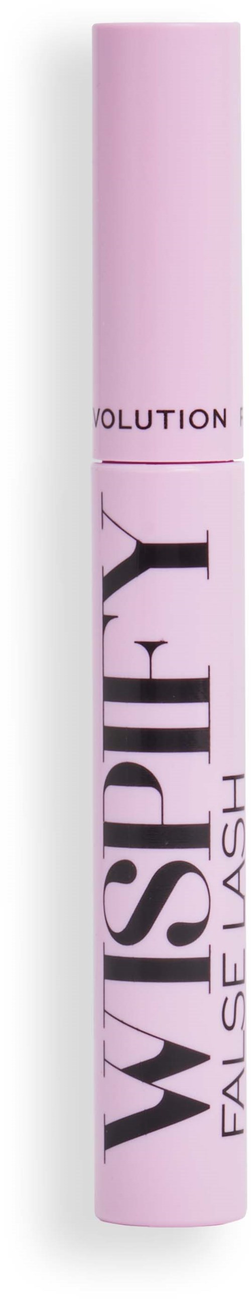 A pink tube of waterproof mascara with black and white writing, labeled 'WATERPROOF FALSE LASH.'