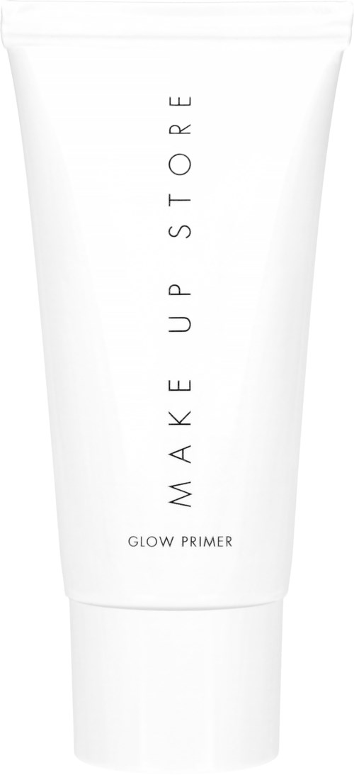Een witte tube met zwarte tekst 'Make Up Store Glow Primer', staat verticaal.